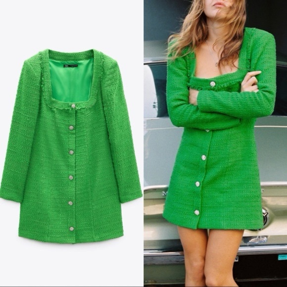 Zara Tweed Boucle squared neck long sleeves Jewel Buttons Green Dress Sz Large - Picture 3 of 15